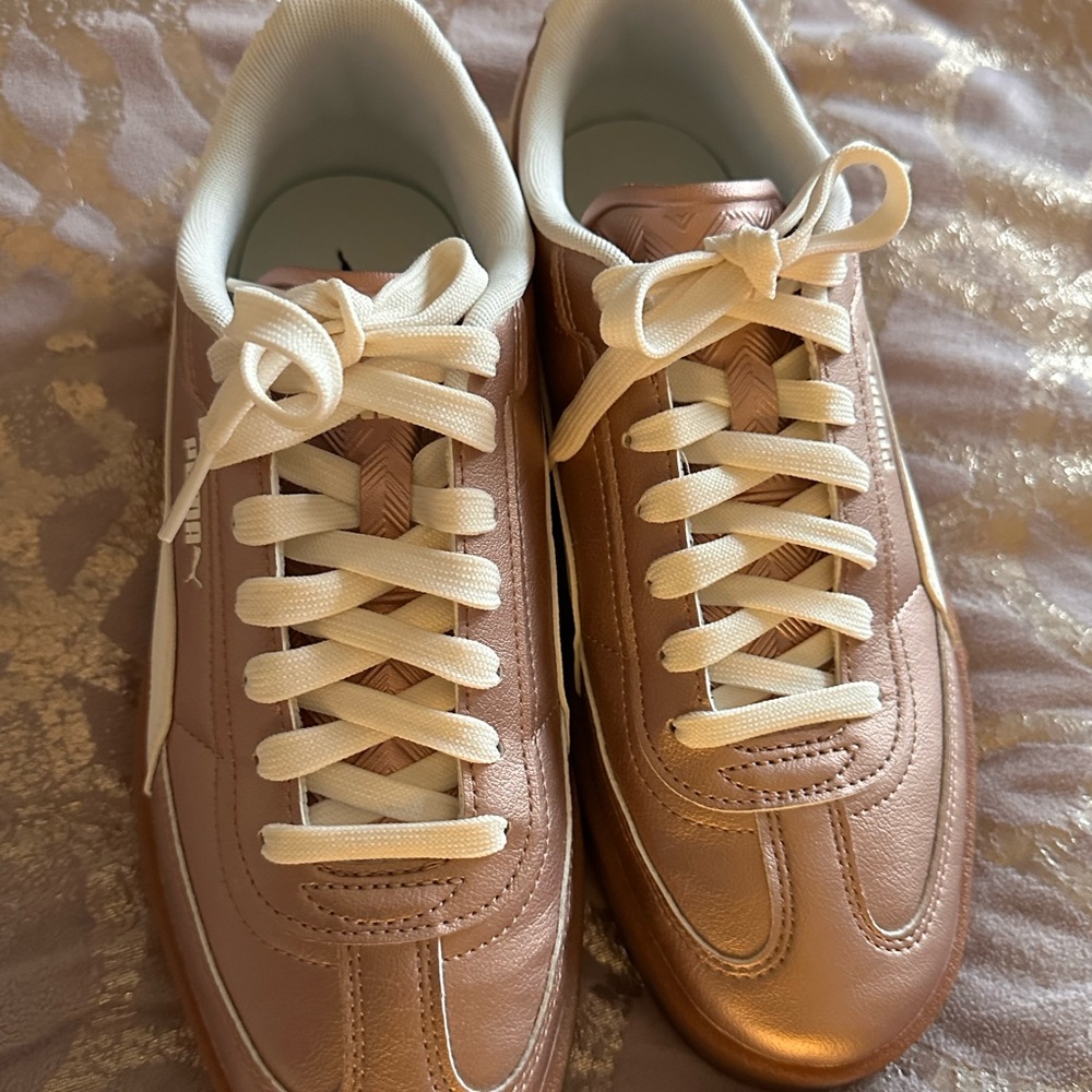 Puma Metallic Rose Gold Low-Top Sneakers with off white Laces.